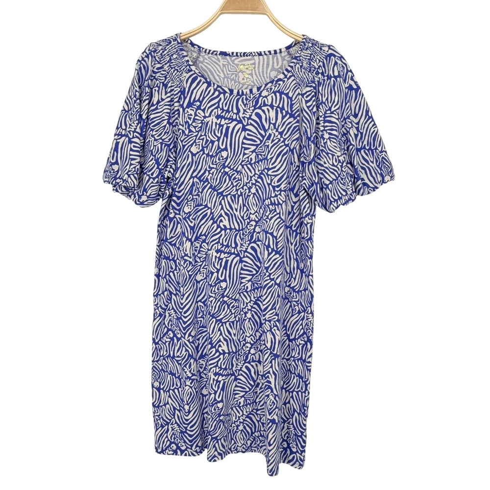 Lilly Pulitzer T-Shirt Dress Womens M Blue Zebra Smocked Short Sleeve 016306